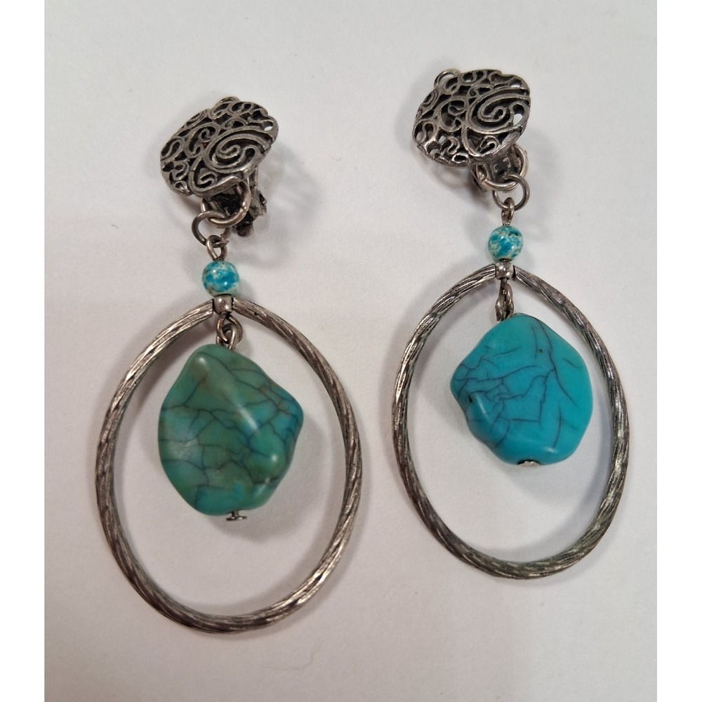 VTG Whimsigoth Turquoise Hoop Clip On Earrings Silver Filigree Boho Grunge